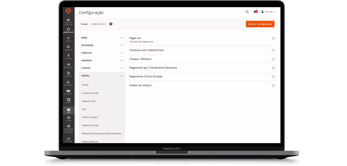 Painel administrativo do Magento com a tela de configuração de métodos de pagamento