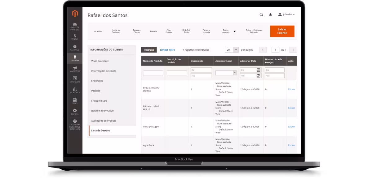 Lista de desejos de clientes no admin MageUp